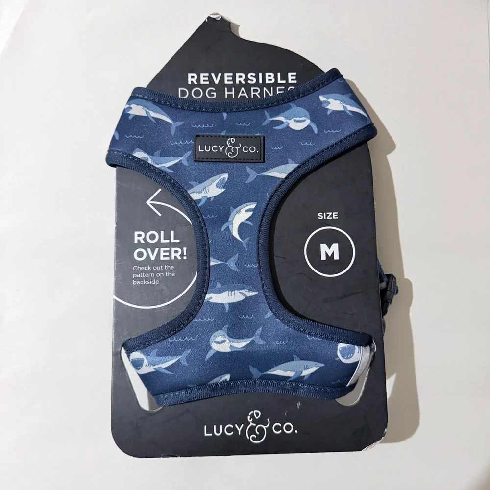 Lucy & Co Reversible Dog Harness Blue Shark Wave Print Size Medium Neoprene